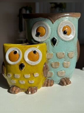 Vintage Pier One Green & Blue Ceramic Double Cutie Owl Planter